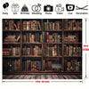 A wooden bookshelf display featuring various old books and decorative icons for party, gift, birthday, wedding, photo, video,