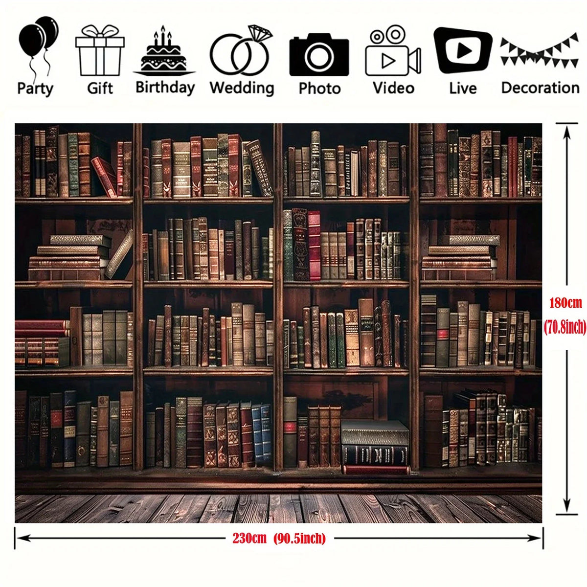 A wooden bookshelf display featuring various old books and decorative icons for party, gift, birthday, wedding, photo, video,