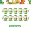 A set of ten green and yellow dinosaur-themed plates for a birthday party.