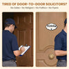 Two wooden no soliciting signs with humorous designs are shown on a brown door.