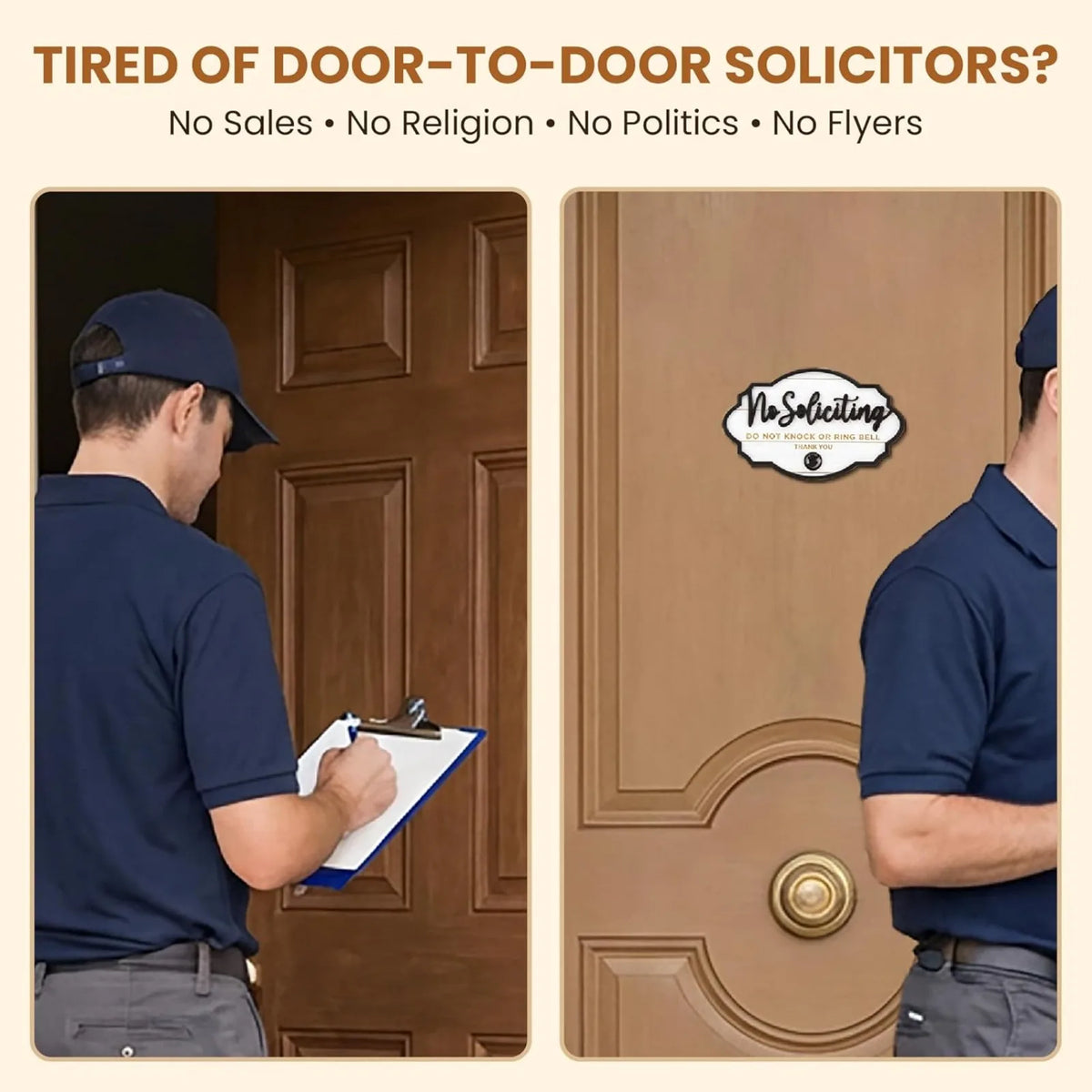 Two wooden no soliciting signs with humorous designs are shown on a brown door.