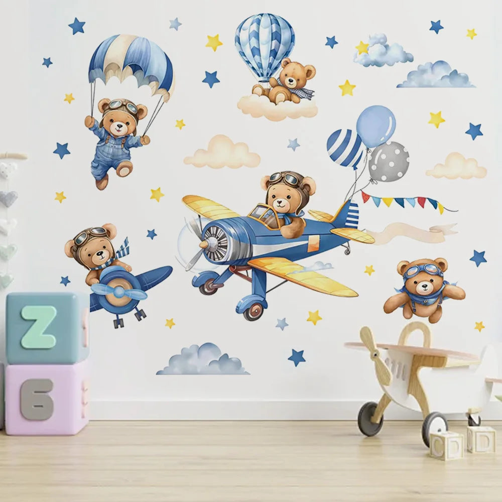 Wall stickers featuring teddy bear pilots flying airplanes and balloons on a white background