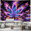 A vibrant neon cannabis leaf tapestry wall hanging displayed in a modern living room setting.