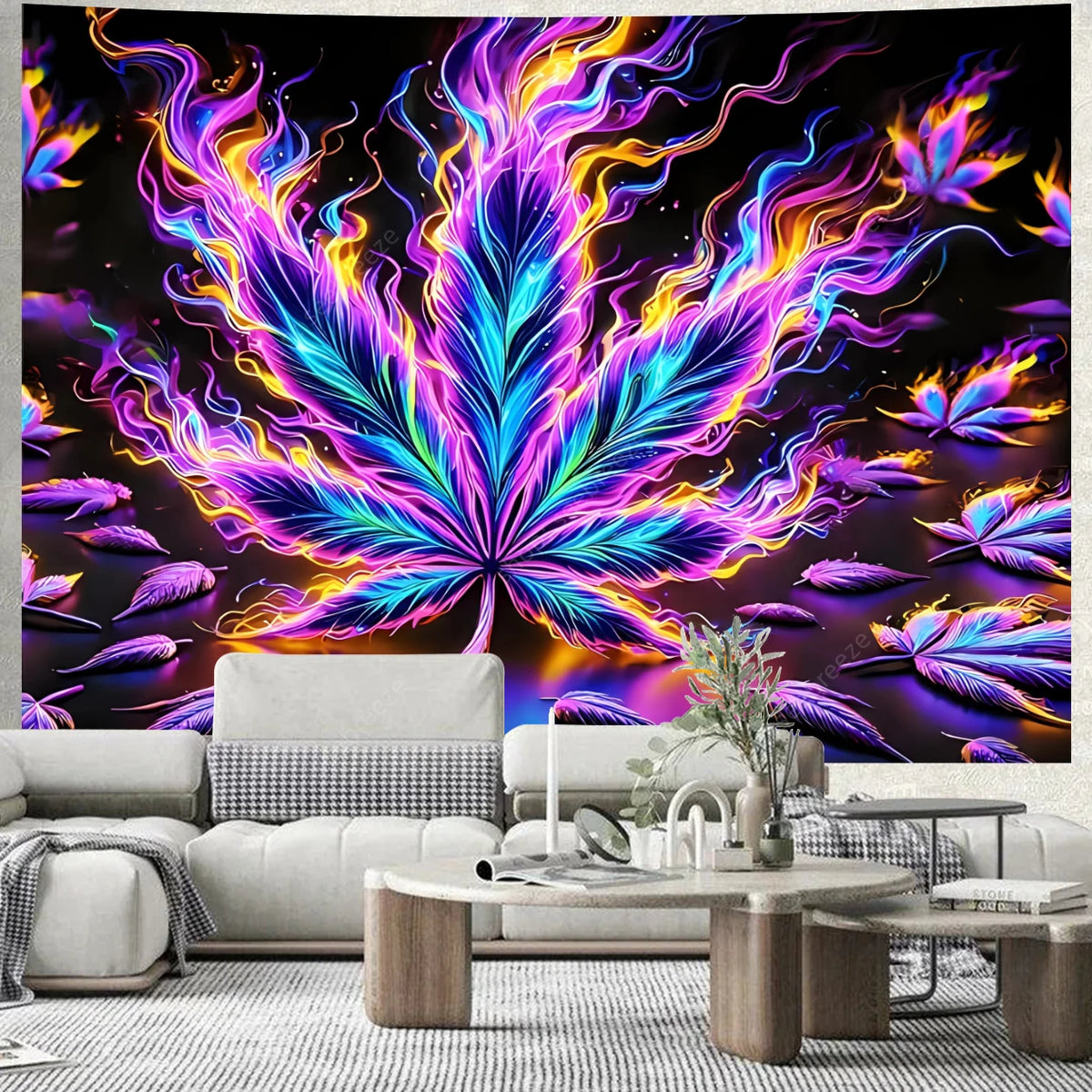 A vibrant neon cannabis leaf tapestry wall hanging displayed in a modern living room setting.