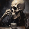 A realistic painting of a human skull smoking a cup, rendered in dark and light tones.