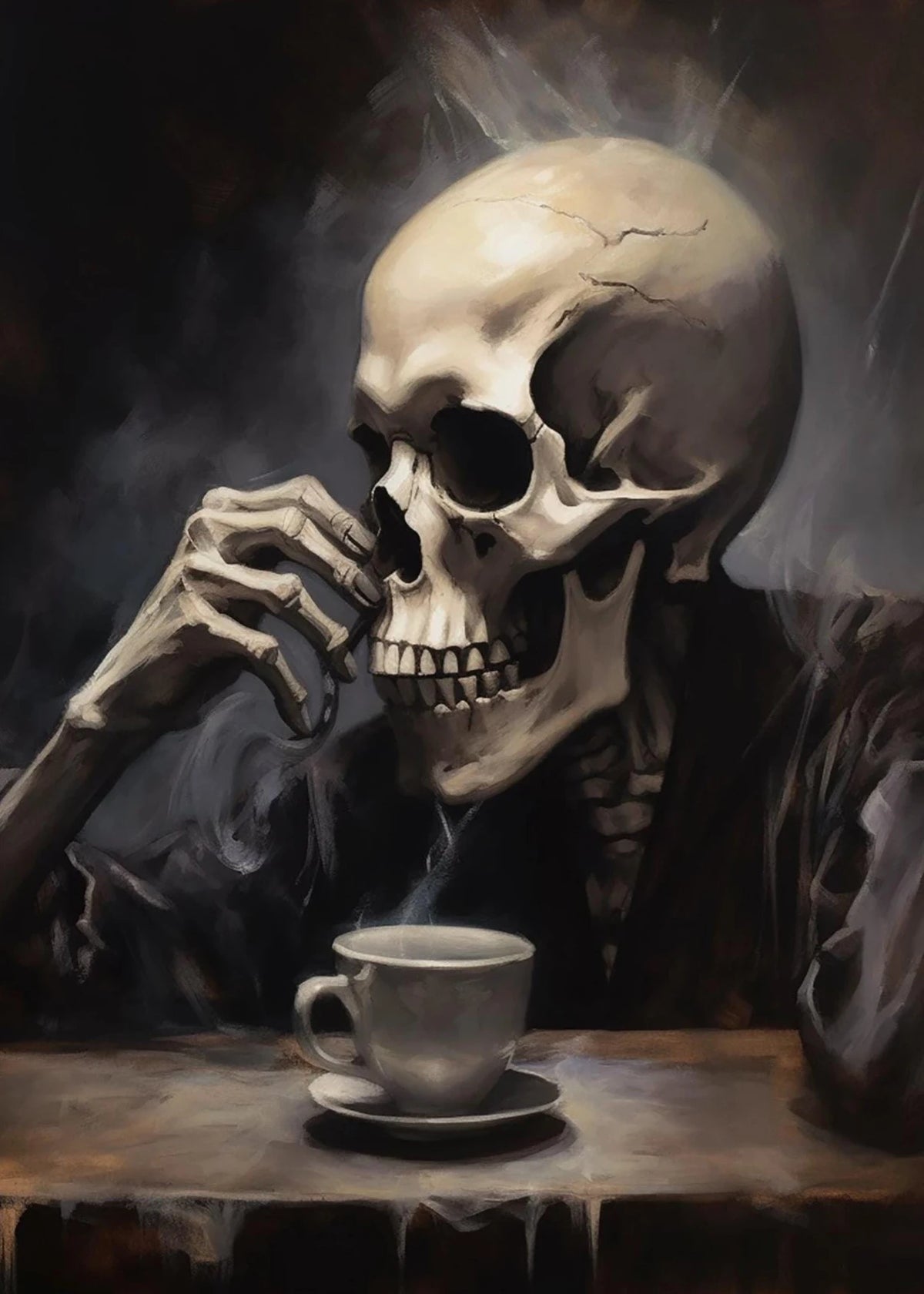 A realistic painting of a human skull smoking a cup, rendered in dark and light tones.