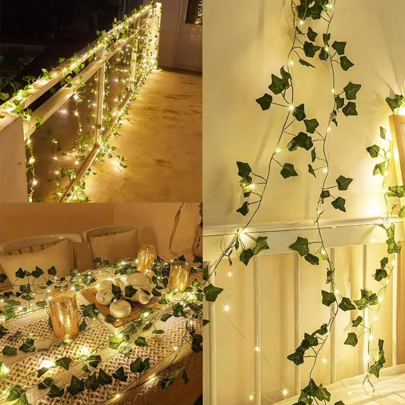 String lights with green ivy vines decorating a balcony railing and a window frame.