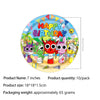 A colorful plate decorated with a happy birthday theme featuring cartoon characters and party bunting.