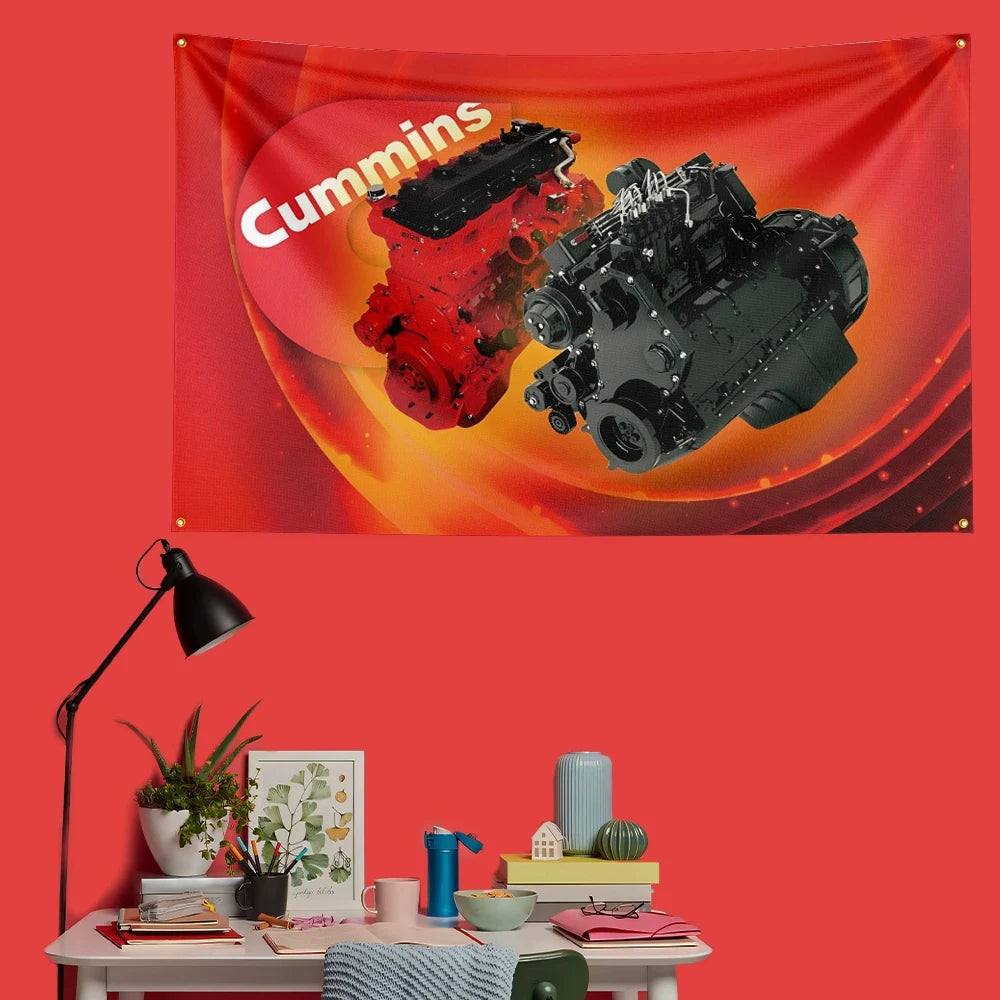 A red banner featuring images of Cummins engines against a fiery background.