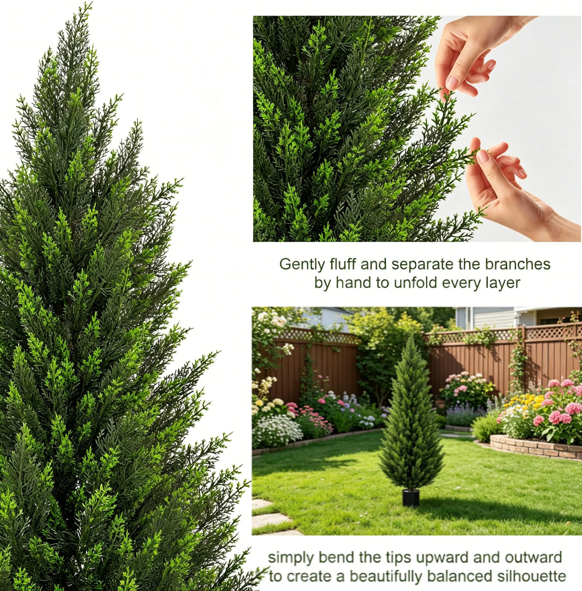 Instructions for fluffing and bending an artificial cedar topiary tree to create a balanced silhouette.
