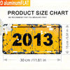 A yellow metal sign with the year 2013 painted on it, showing product size chart dimensions.