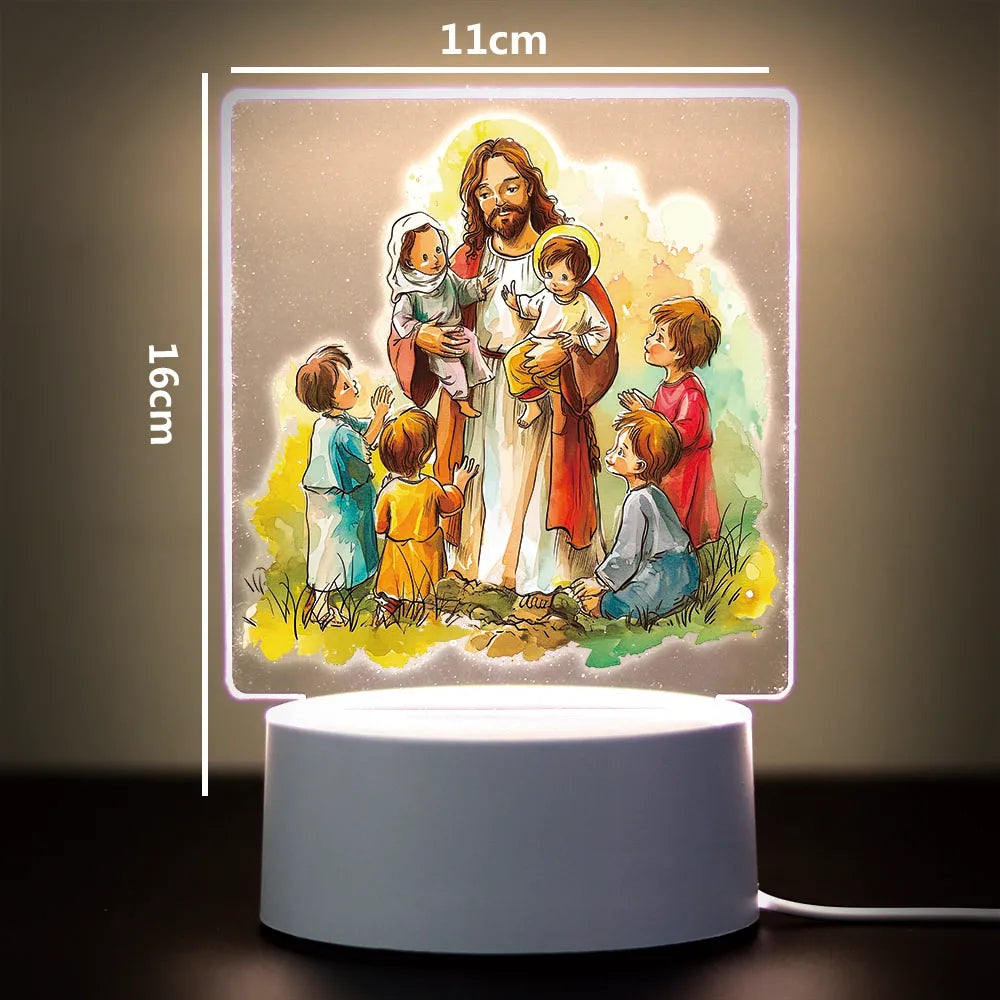 A 3D LED night light featuring a religious scene of Jesus with children, displayed on a white base.