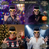 Collage showing a person in a sparkly outfit, dark costume, and white shirt with fringe, demonstrating various mask styles