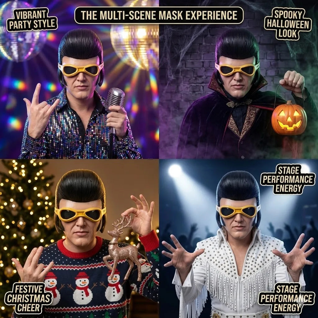 Collage showing a person in a sparkly outfit, dark costume, and white shirt with fringe, demonstrating various mask styles