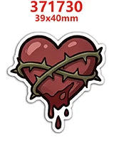 A red heart charm with a barbed wire design and dripping liquid, suitable for craft projects.
