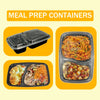 Two yellow meal prep containers showing various cooked foods like pasta and meat