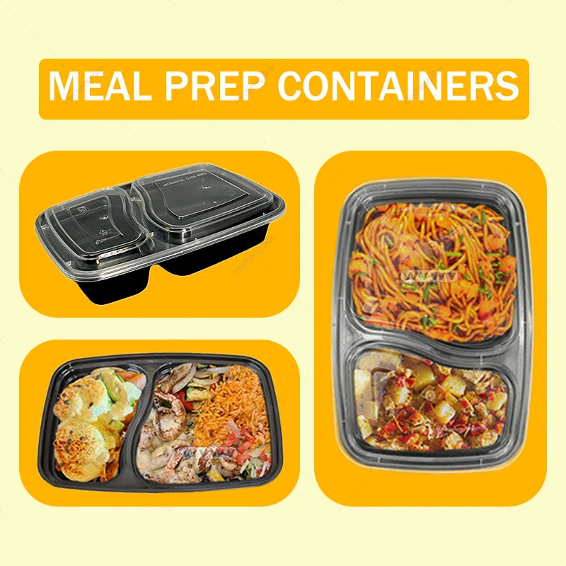Two yellow meal prep containers showing various cooked foods like pasta and meat