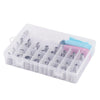 A clear plastic storage box containing a complete 38-piece cake decorating set with piping nozzles and tools in various color