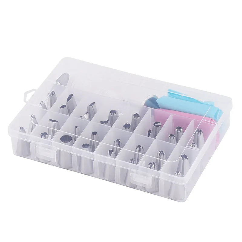 A clear plastic storage box containing a complete 38-piece cake decorating set with piping nozzles and tools in various color