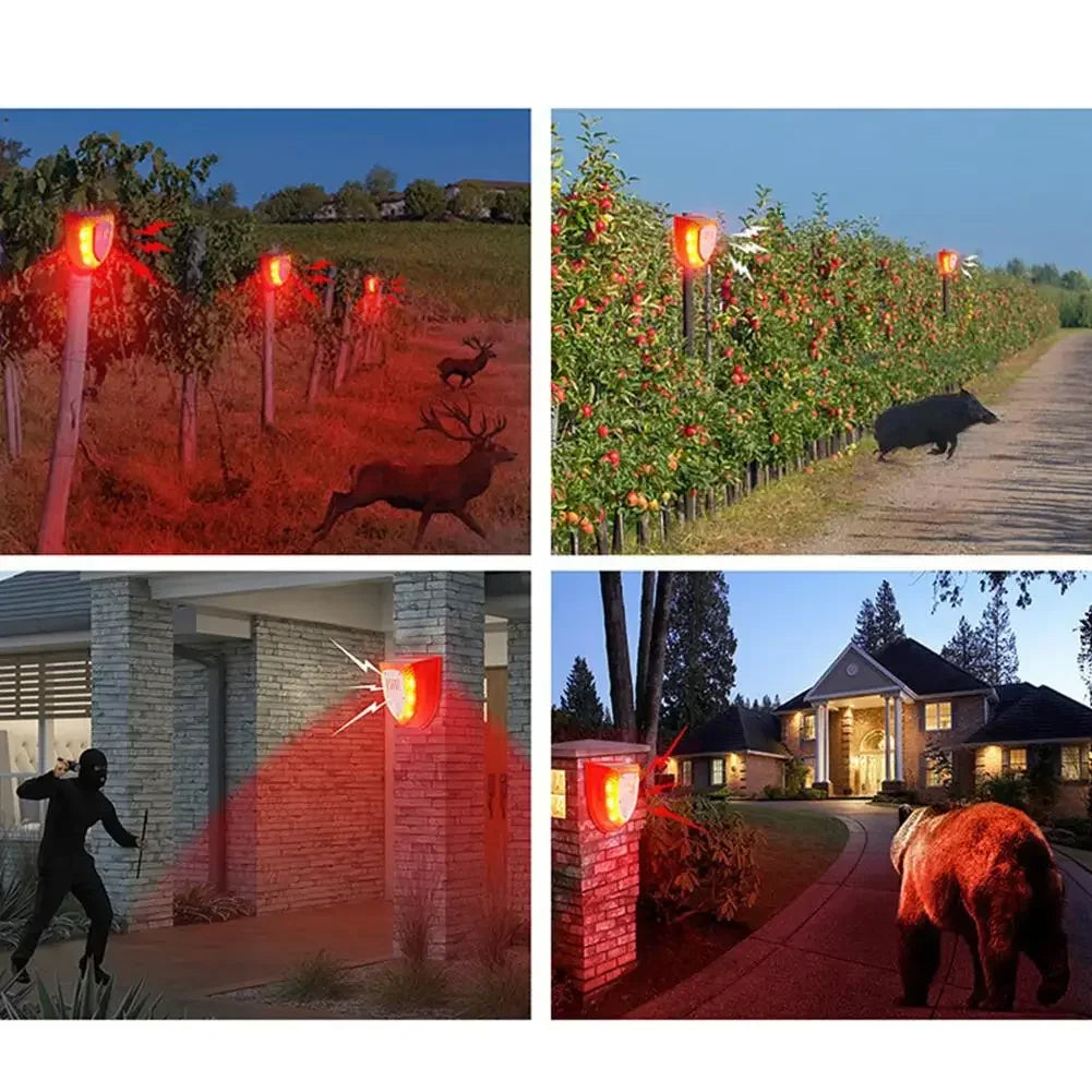 A series of images showing a solar-powered motion sensor alarm with flashing red lights and sirens in various outdoor setting
