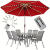 A red patio umbrella light with a handle and remote control, illuminating the canopy with multiple LED modes.