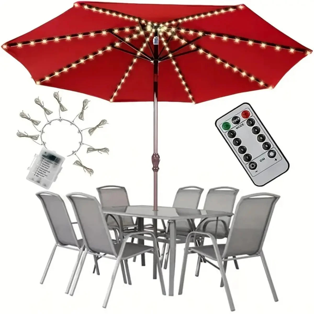 A red patio umbrella light with a handle and remote control, illuminating the canopy with multiple LED modes.