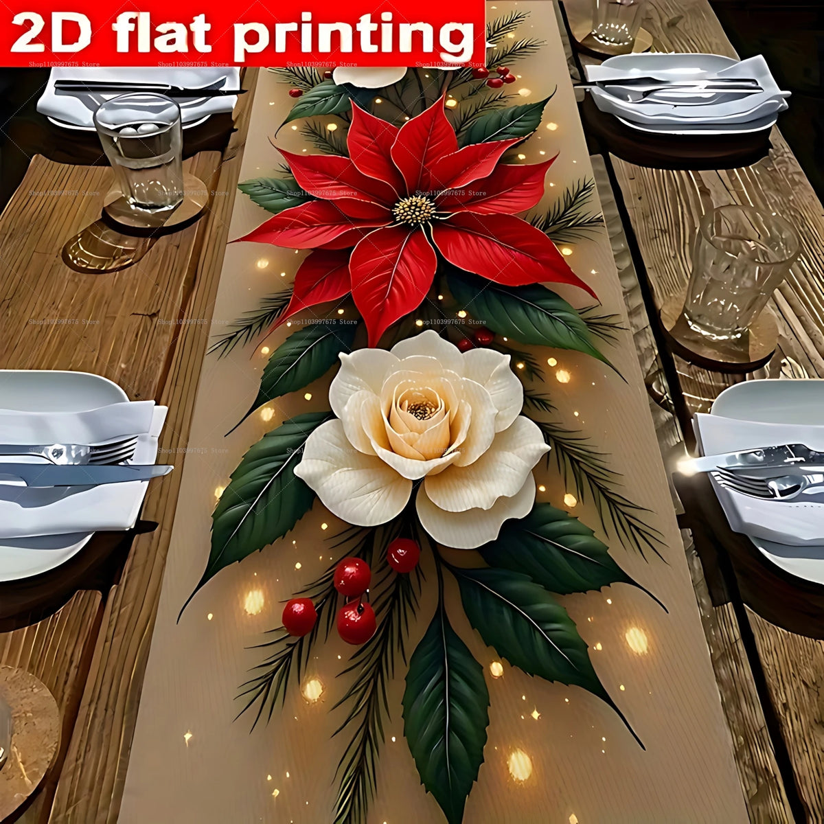 A long table runner featuring a red poinsettia and green pine needle design with glowing lights.