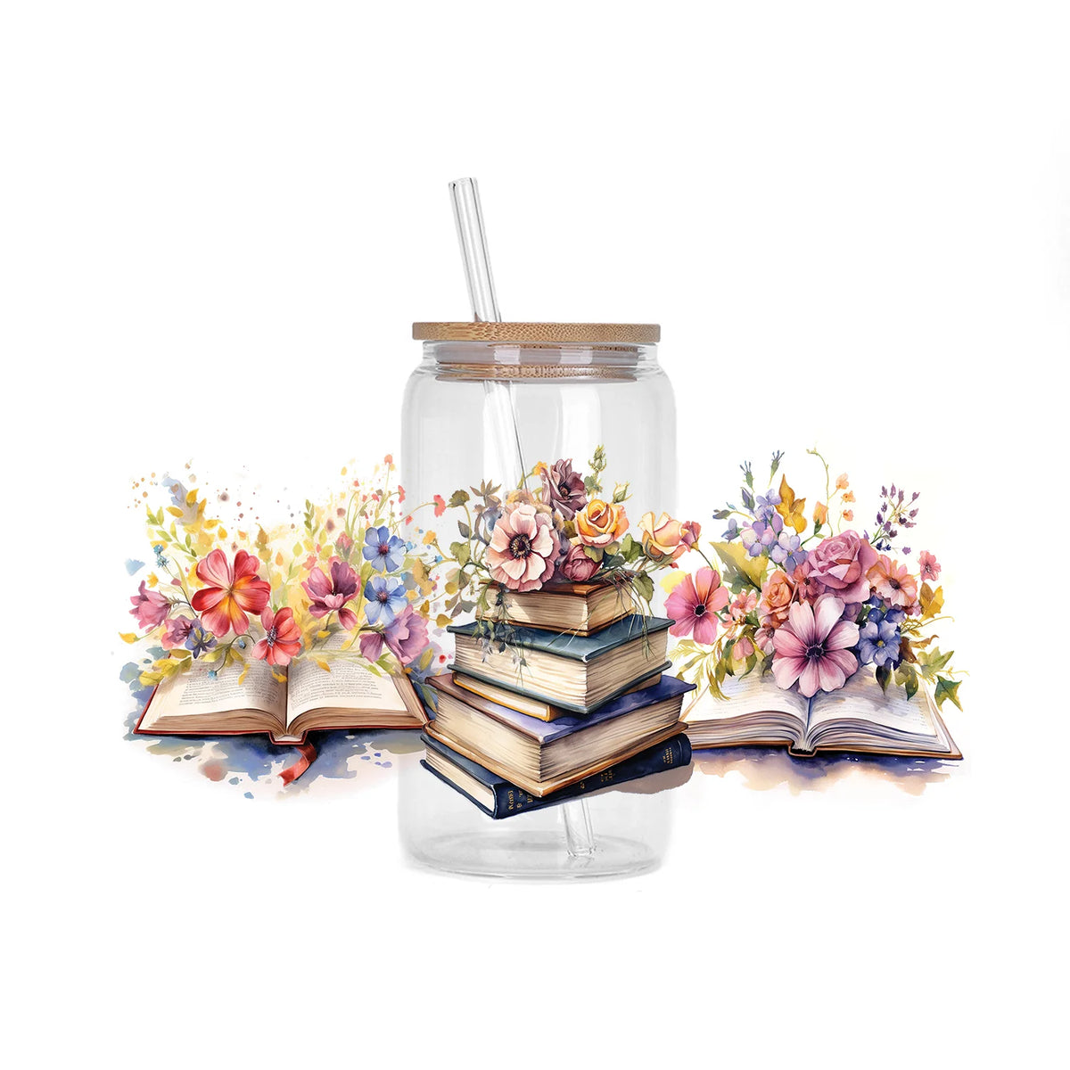 A glass jar filled with flowers and stacked books, featuring a straw and decorative stickers.