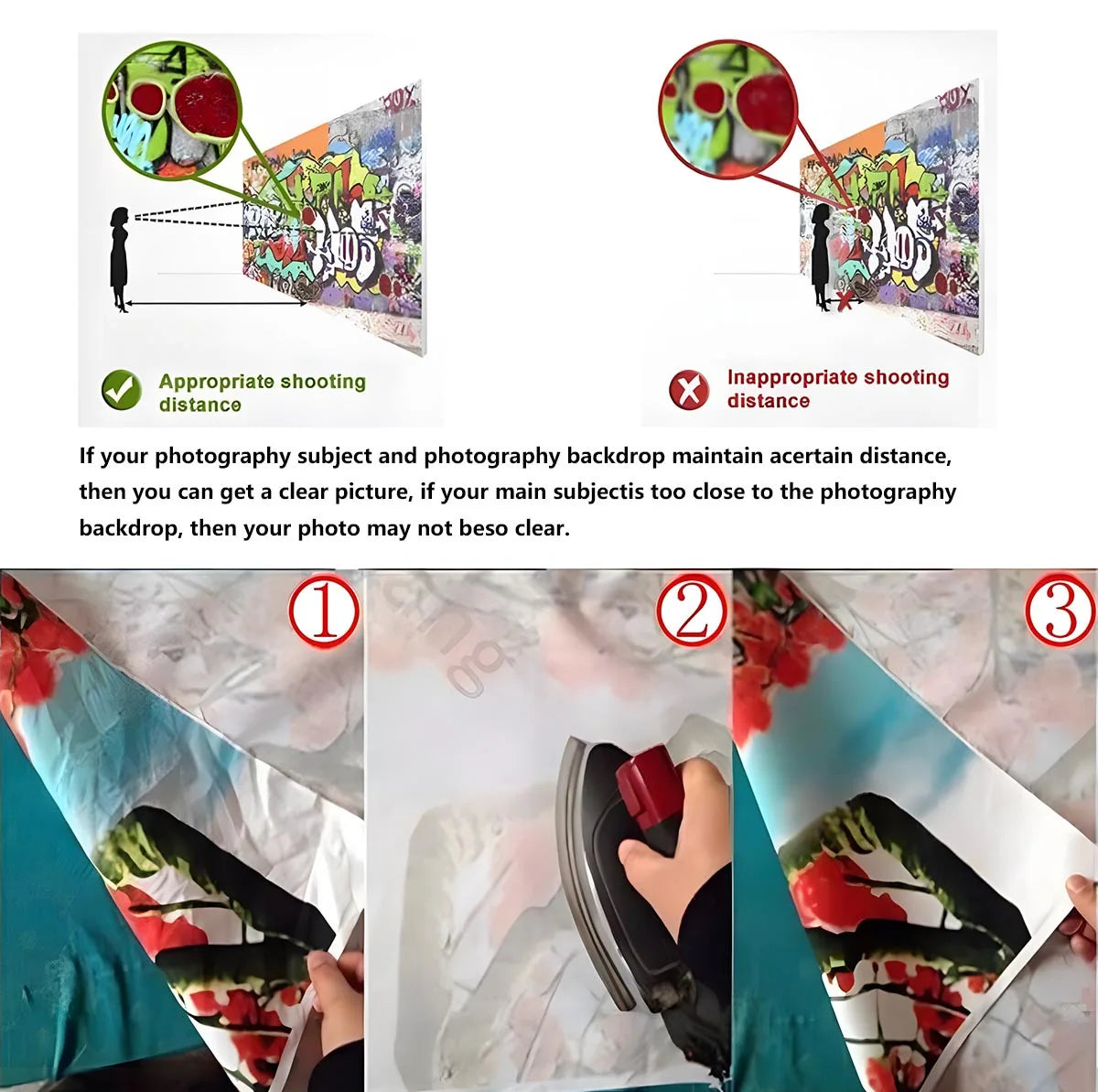 A photo backdrop banner demonstrating appropriate and inappropriate shooting distances for photography.