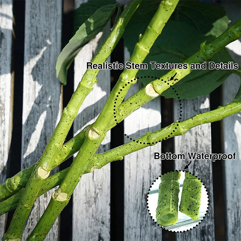 Close-up of realistic green latex hydrangea stems showing texture and bottom waterproof details.