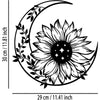 Dessin au trait noir d'un tournesol épanoui dans la forme d'une lune c_+ssétaire.