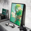 A poster featuring a character from Vinland Saga anime in green and yellow tones displayed on a shelf.