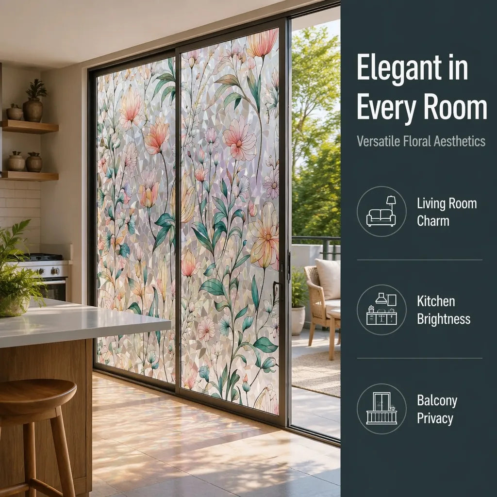 A modern interior view showing a large window with vintage floral mosaic film providing privacy and light.