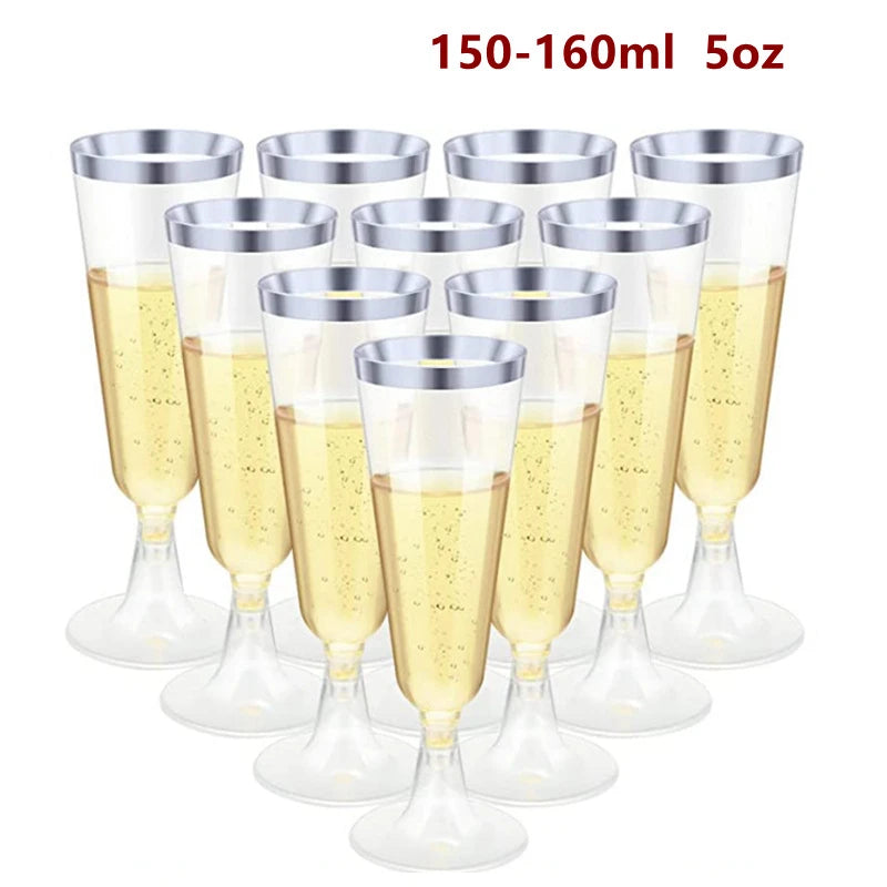 A set of 10 clear plastic champagne flutes with silver rims and gold-colored liquid inside.