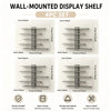 A set of four wall-mounted display shelves made of metal for storage and display.