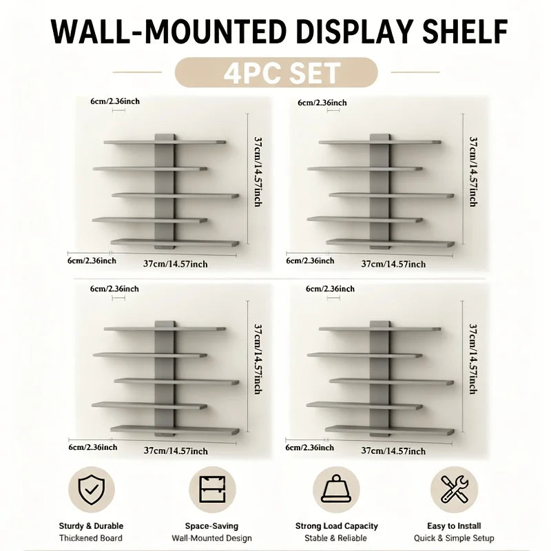 A set of four wall-mounted display shelves made of metal for storage and display.