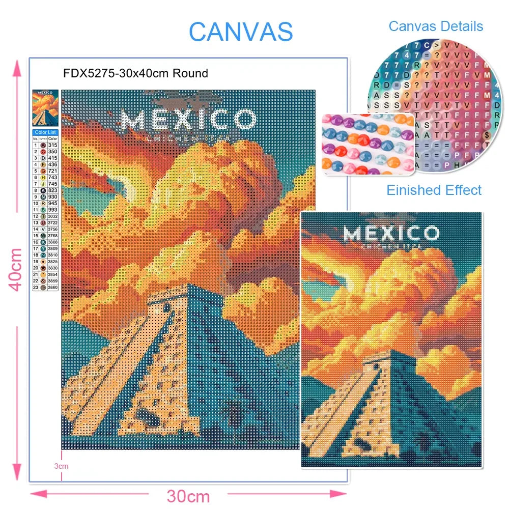 A diamond painting canvas featuring a vibrant Mexican scene with pyramids and clouds.