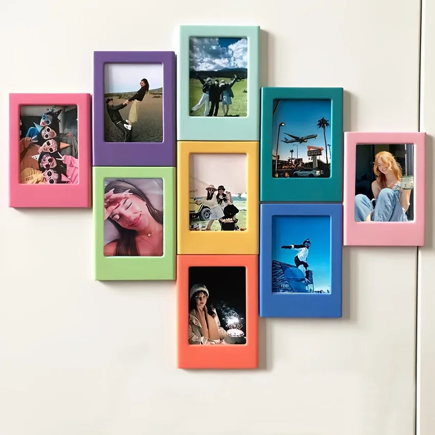 A collection of retro magnetic photo frames in various pastel colors displaying different photographs.