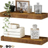 A set of floating wall shelves made of sturdy wood construction displaying various decorative items and candles.