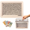 A wooden money saving box with a built-in goal tracker showing various currency notes and coins.