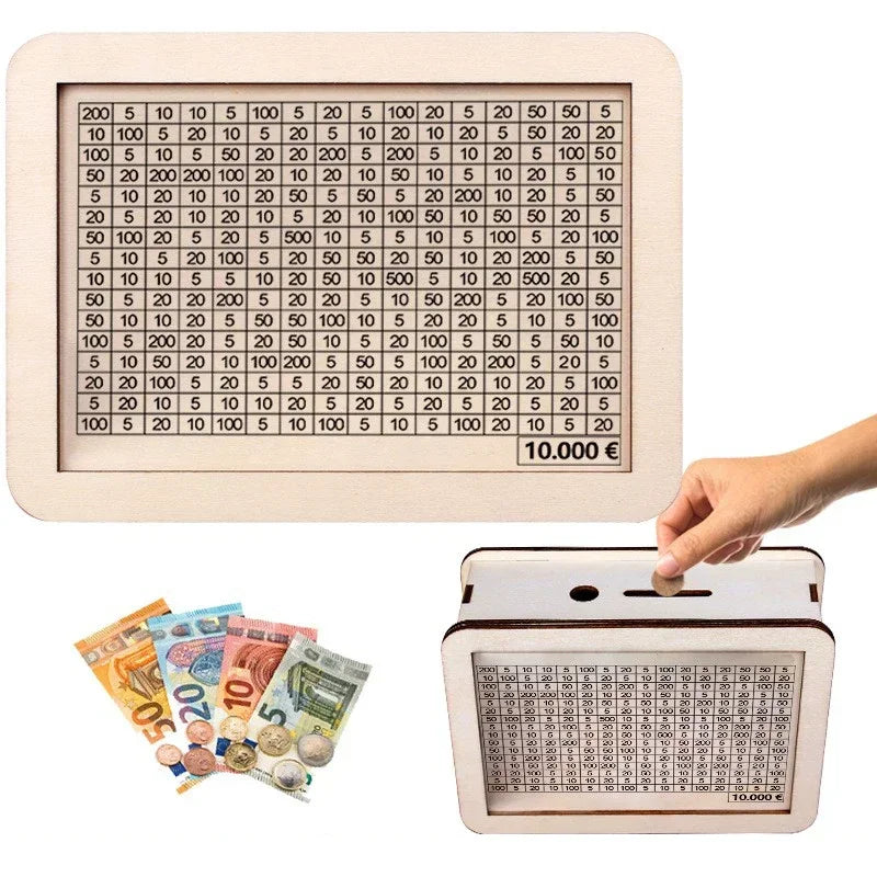 A wooden money saving box with a built-in goal tracker showing various currency notes and coins.