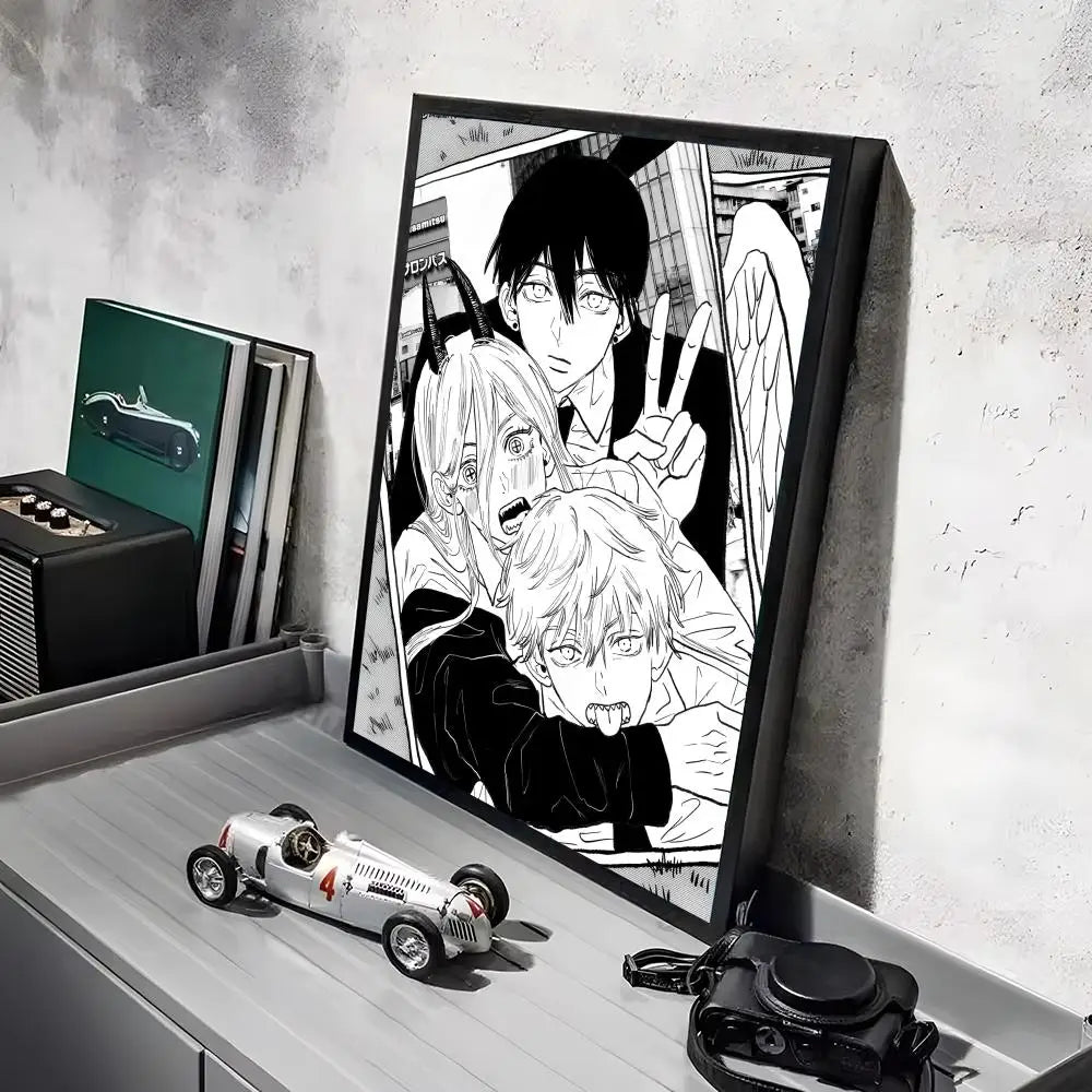 Anime wall art featuring three characters in a dramatic style with a car model in the foreground