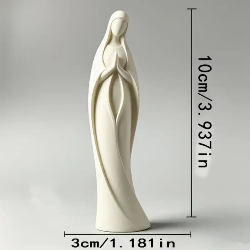 White gold praying angel figurine statue with a flowing dress design and height measurements.