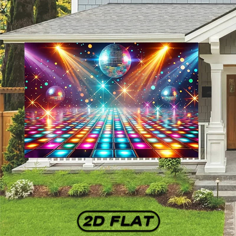 A vibrant disco dance floor backdrop banner featuring a reflective grid of colorful lights and spherical disco balls.