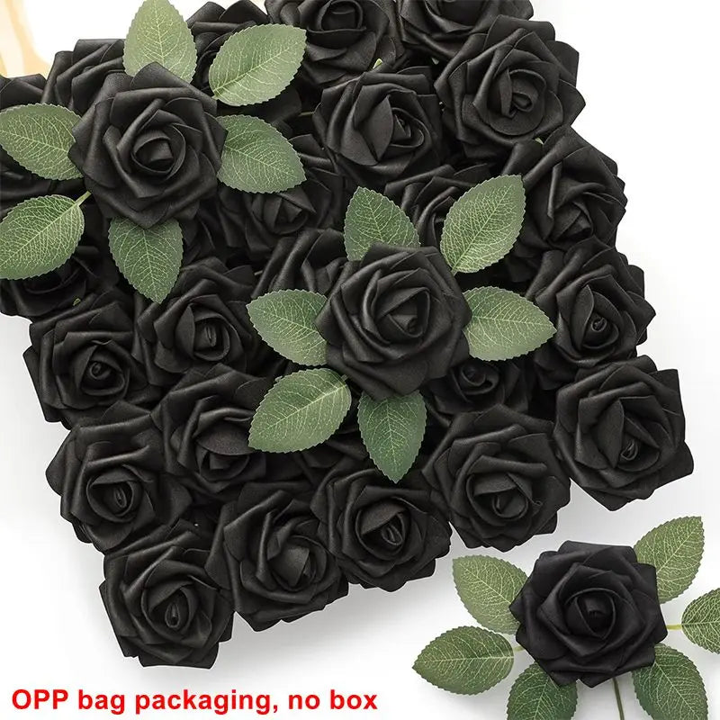 A bouquet of dark black foam rose flowers with green leaves for DIY wedding bouquets and home decor
