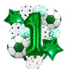 A collection of green and white foil balloons, including a number one balloon and soccer ball shaped balloons.