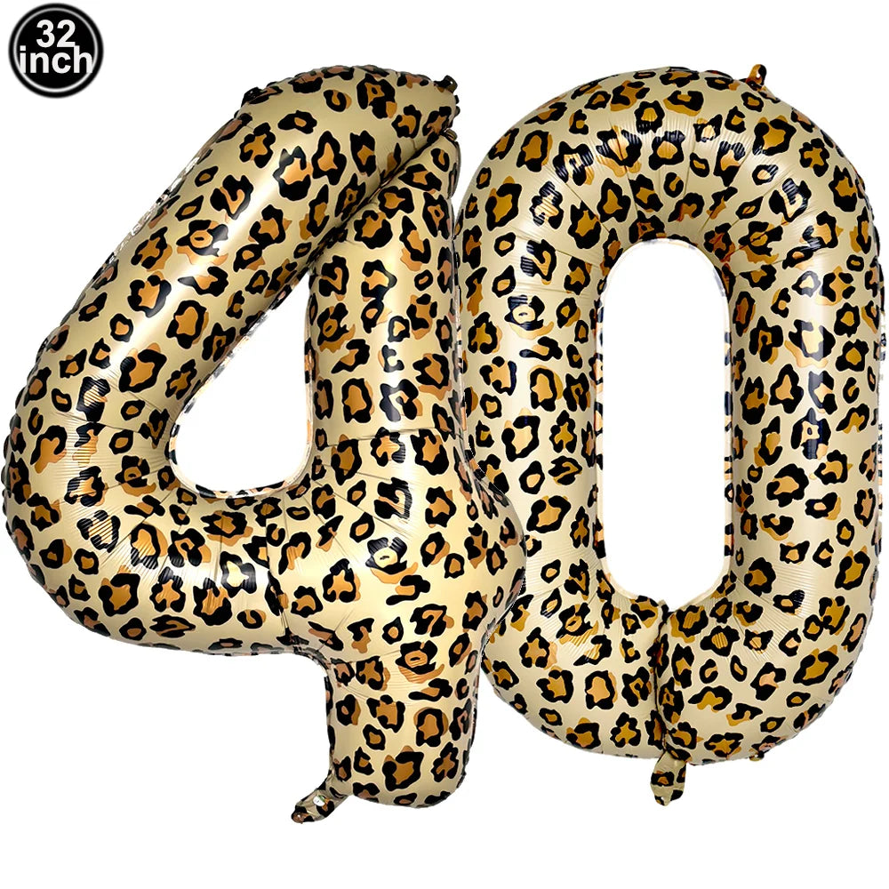 Gold foil balloon numbers 40 in a leopard print pattern for party decorations