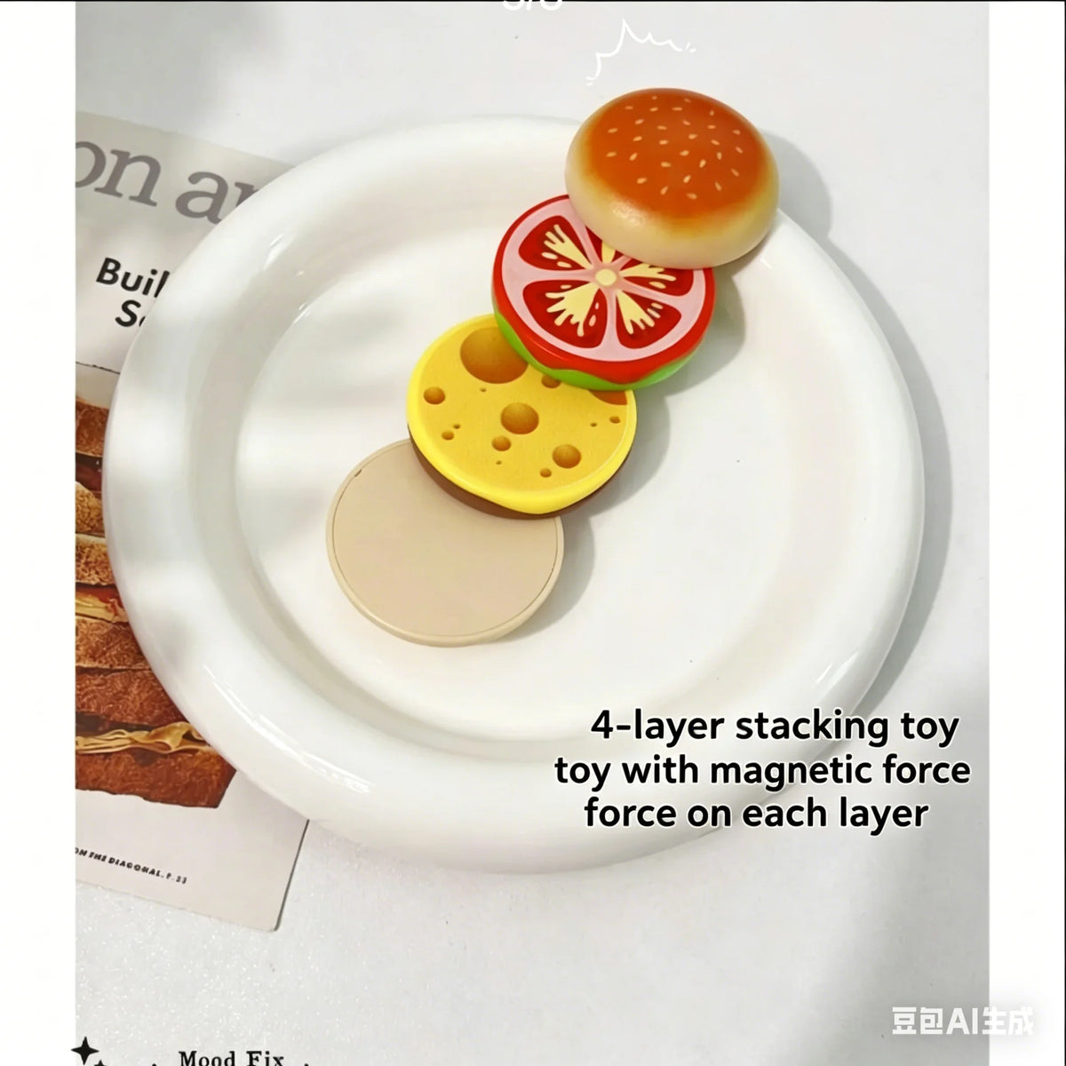 A stack of four colorful, layered magnetic toy components resembling a hamburger on a white plate.