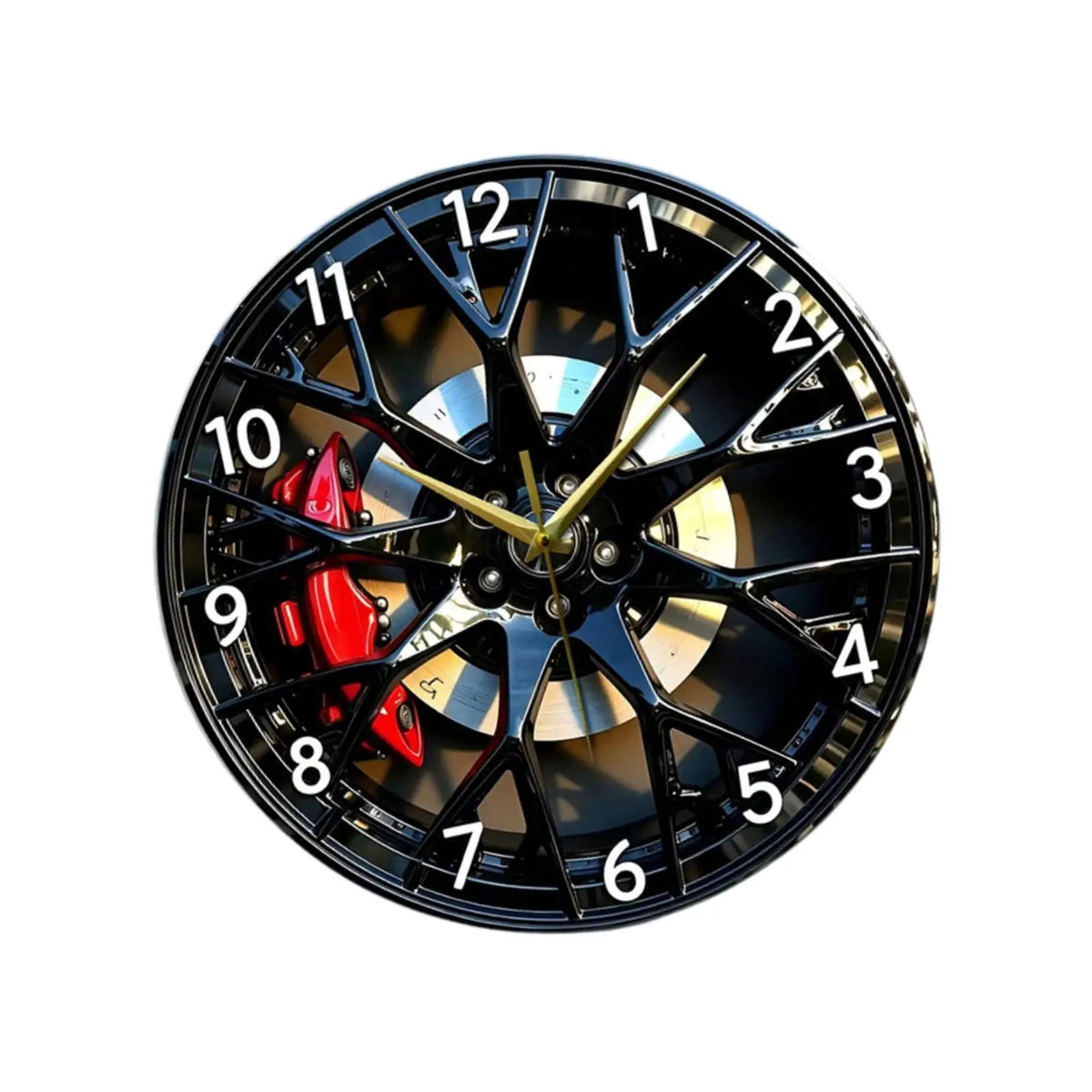 A close-up view of a black and gold creative 2D tire wheel acrylic wall clock face.