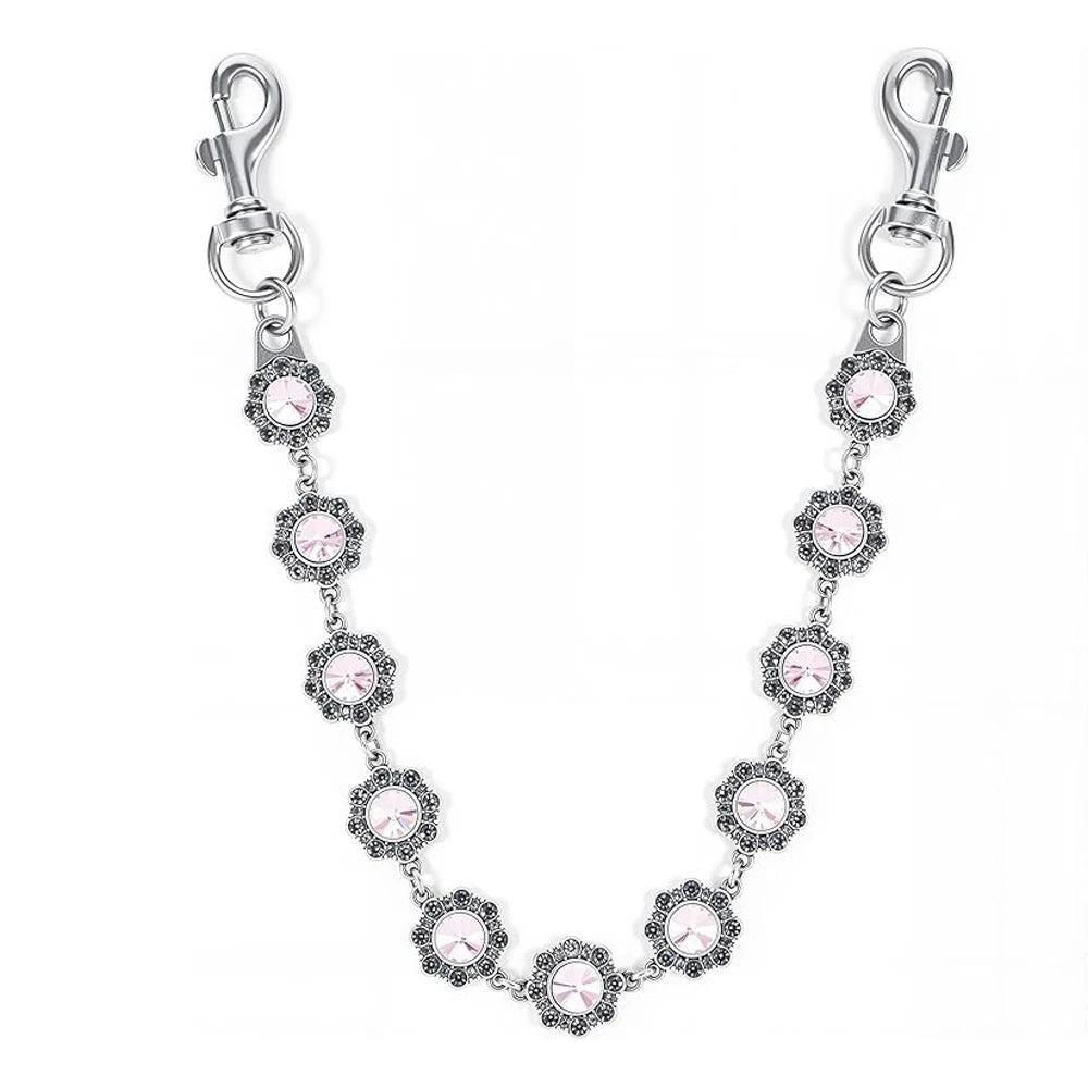 A delicate silver bag chain extender featuring small pink rhinestones.